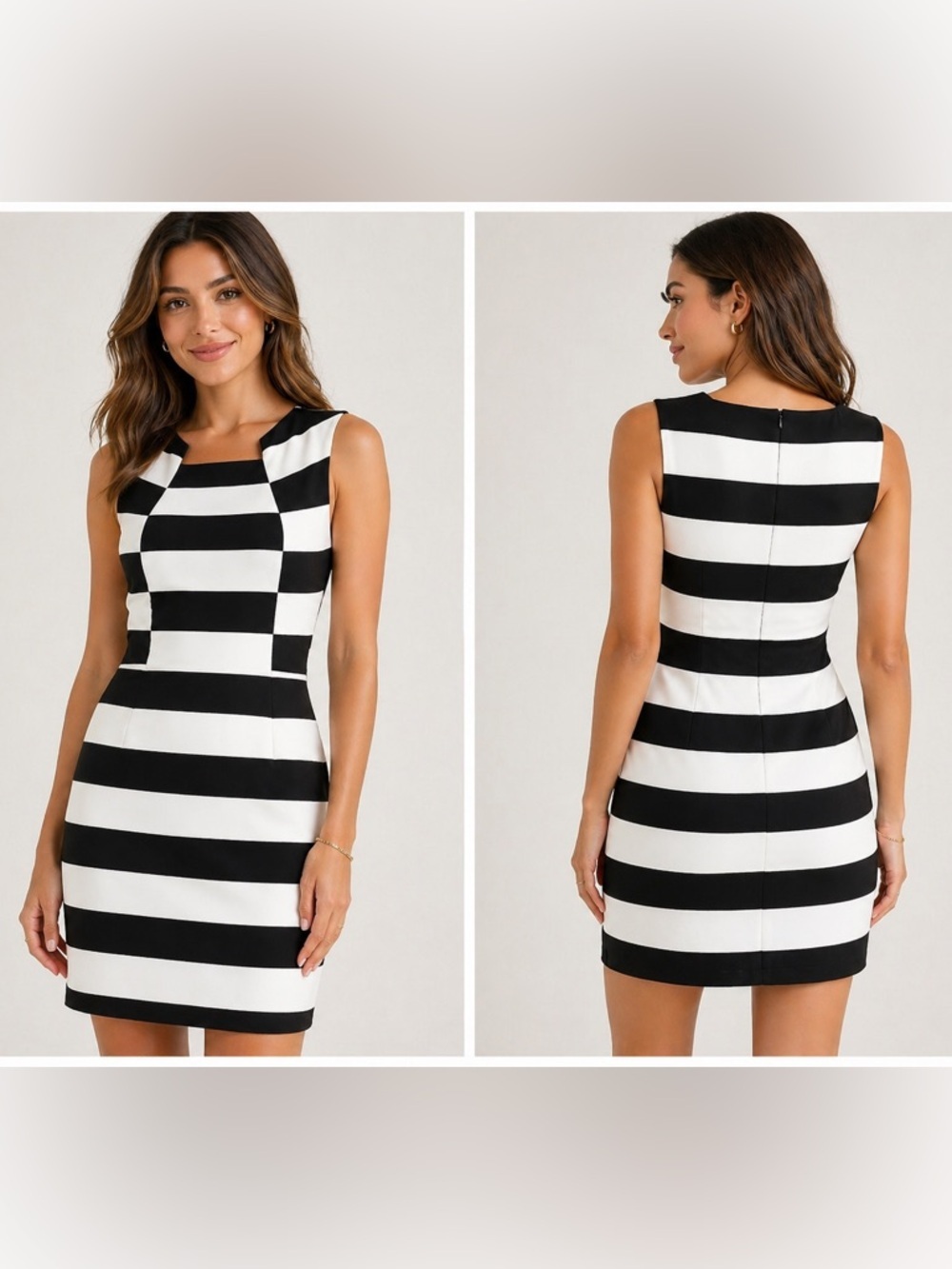 Trina Turk Striped Sheath Dress Size 12 Black White Sleeveless Square Neck